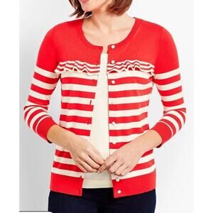 Talbots Womens XL Charming Cardigan Red Ivory Stripe Ruffle Yoke EUC